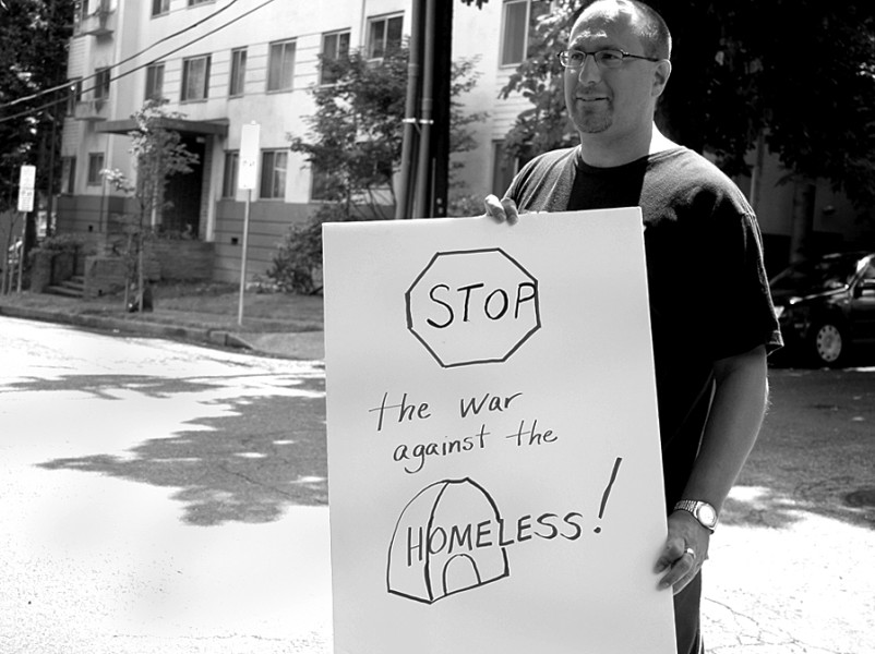 Michael Davis joined in solidarity with housed and unhoused protestors in NW Portland to protest the mistreatment of our homeless community by Elephant Delicaessen's management team, located on NW 22nd. Photo © June 16, 2016 Mary Anne Funk